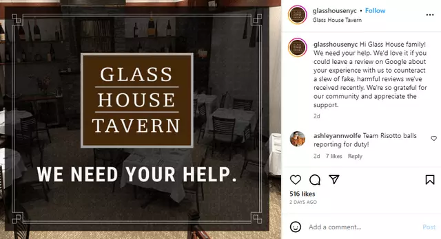 Glass House Tavern asking for support against the defamation campaign by the New York City pedicab drivers